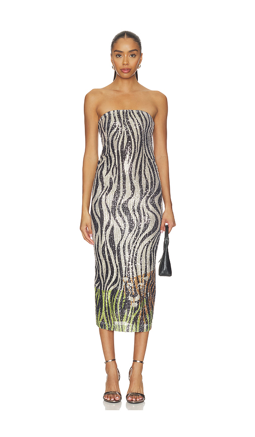 Le Superbe Hidden Tiger Tube Dress in Metallic Neutral,Black. S. Also in XS