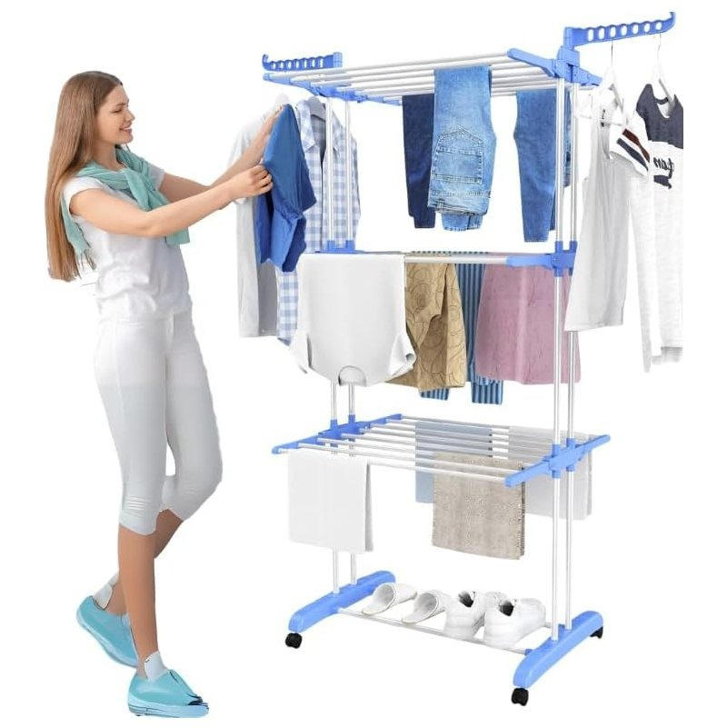 TEMU Foldable Extra Large Clothes Drying Rack 4 Tier For Indoor Outdoor Laundry Room Laundry Garment Dryer Stand Adjustable Rolling Laundry 4 Tier