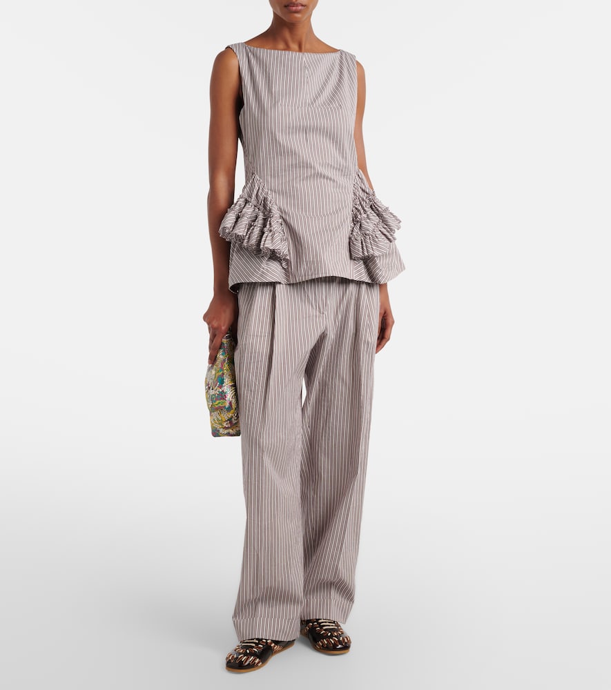 Striped ruffled cotton and silk top