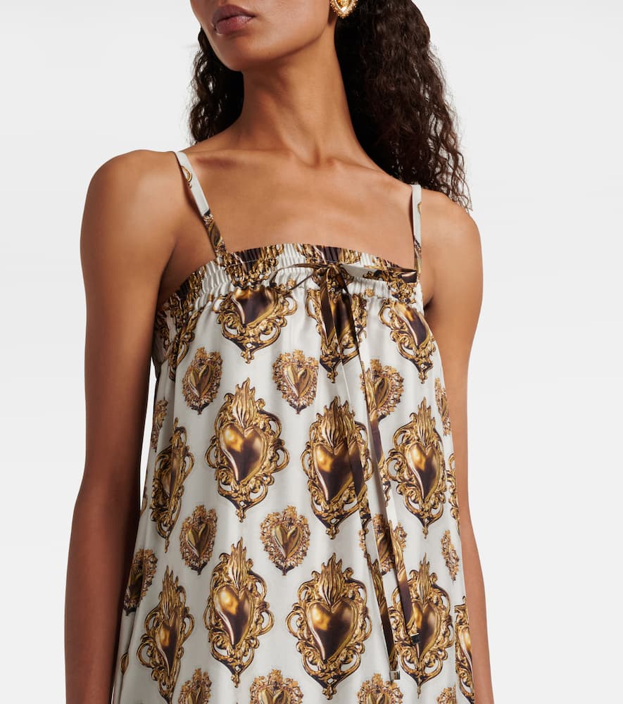 Feather-trimmed printed silk maxi dress
