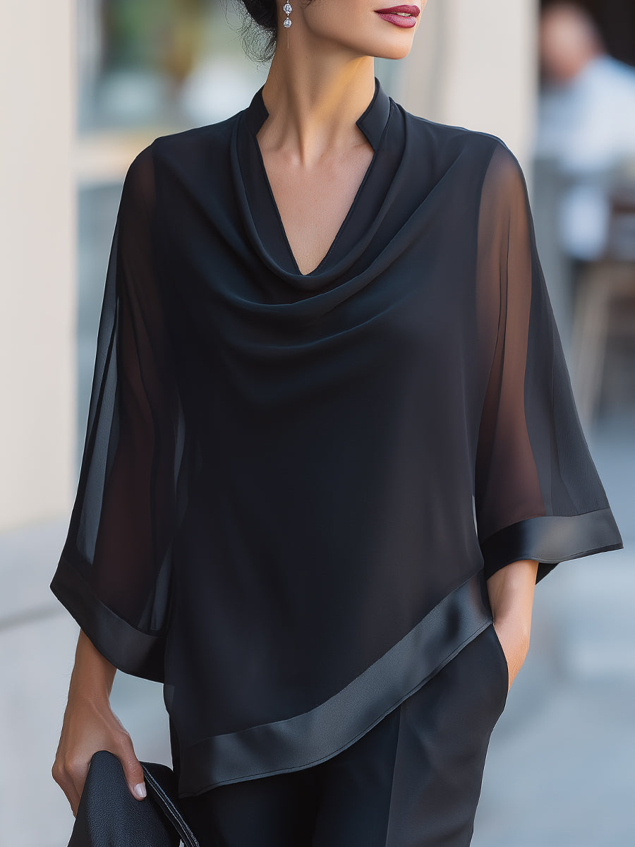 Sheer Flared Sleeve Cowl Neck Blouse With Satin Trim - Black