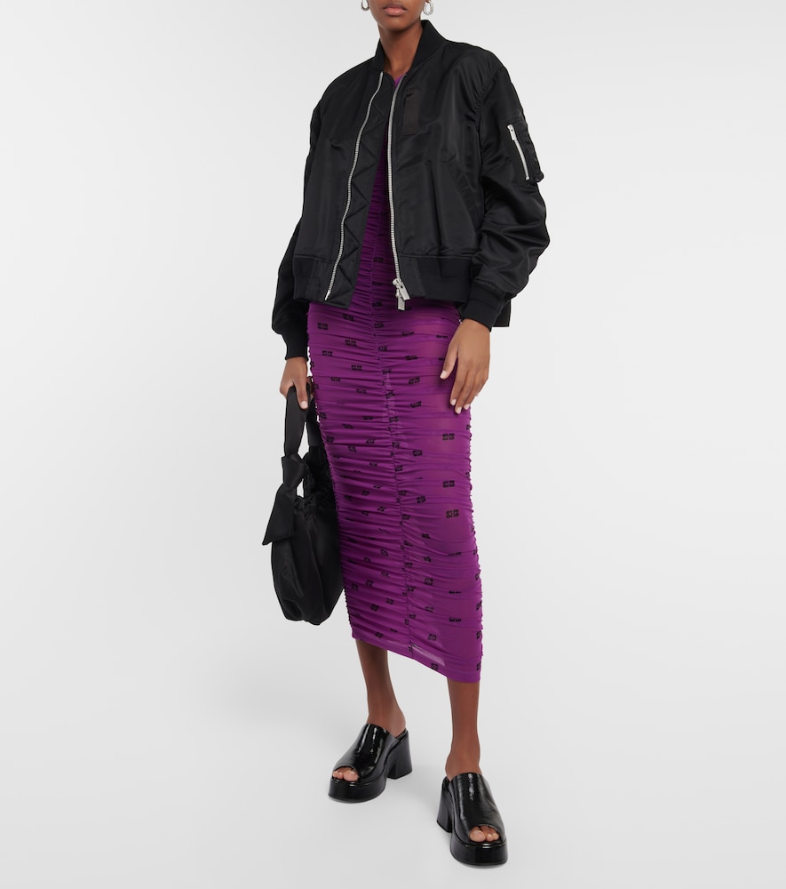 Ganni Printed ruched mesh midi dress