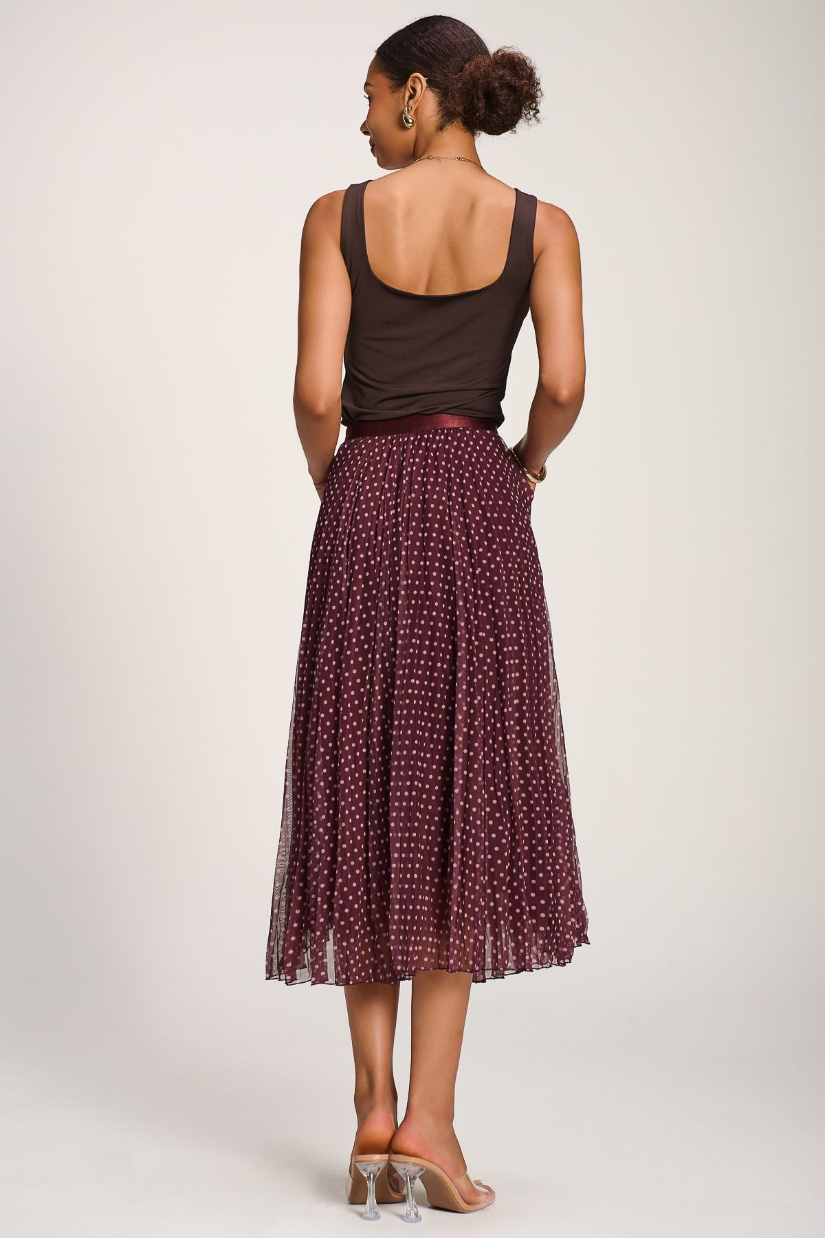 Jolie Moi Women's Print Crinkle Mesh Midi Skirt in Burgundy