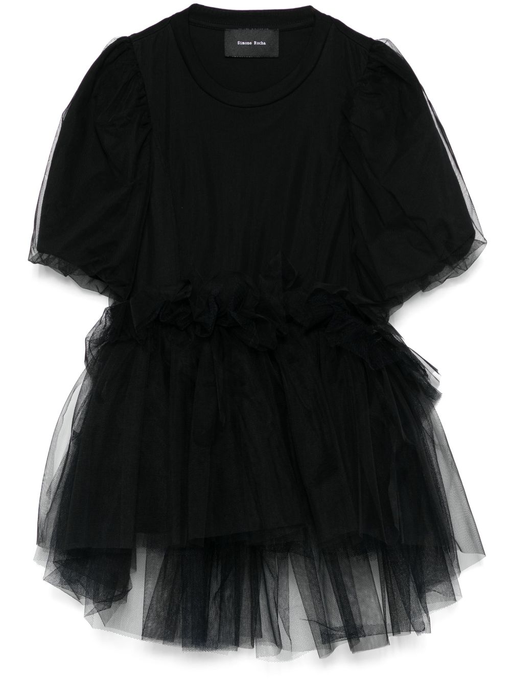 Tulle overlay puff sleeve T-shirt - Black