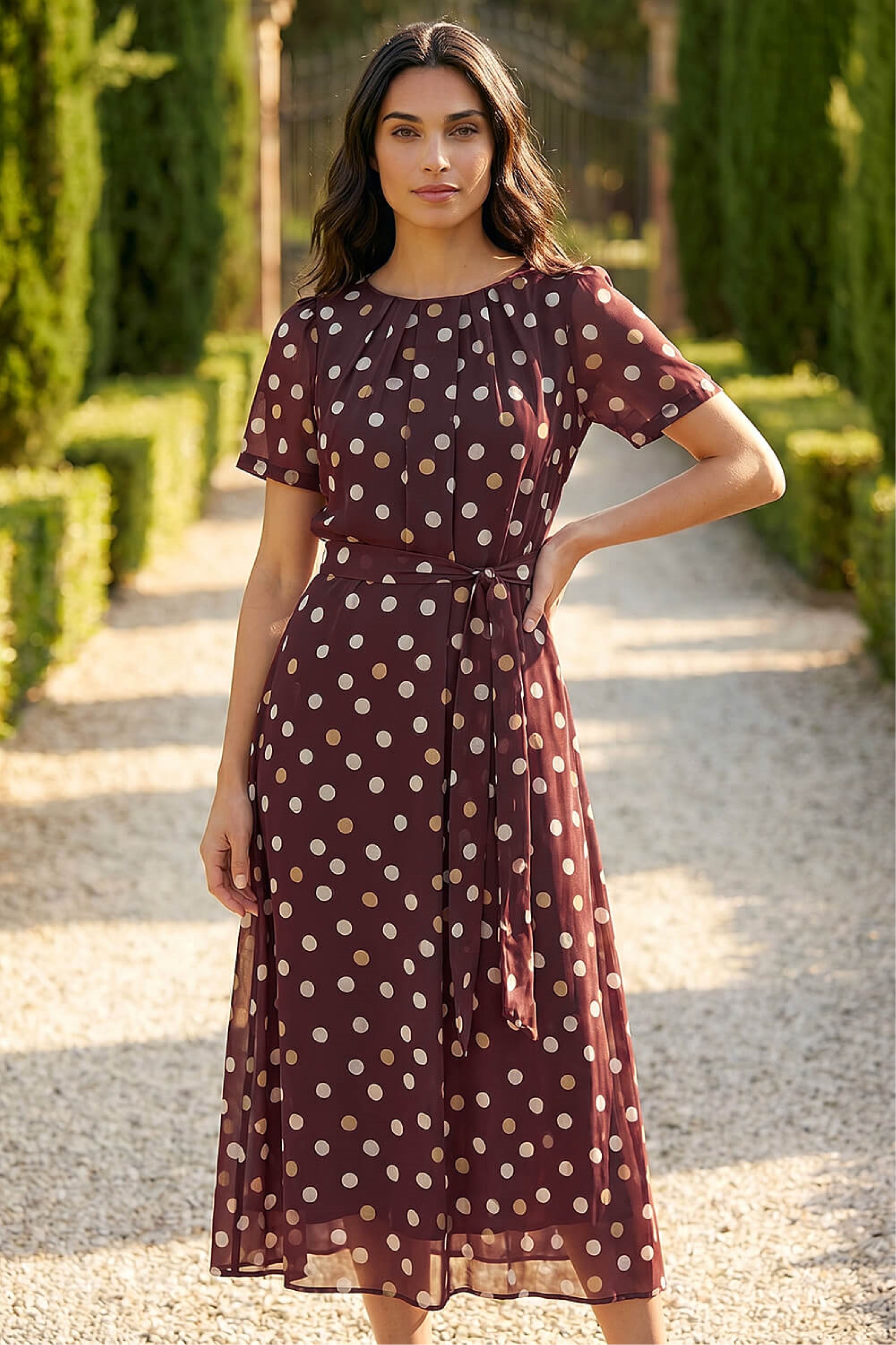 Roman Womens Polka Dot Pleat Neck Midi Dress - Brown