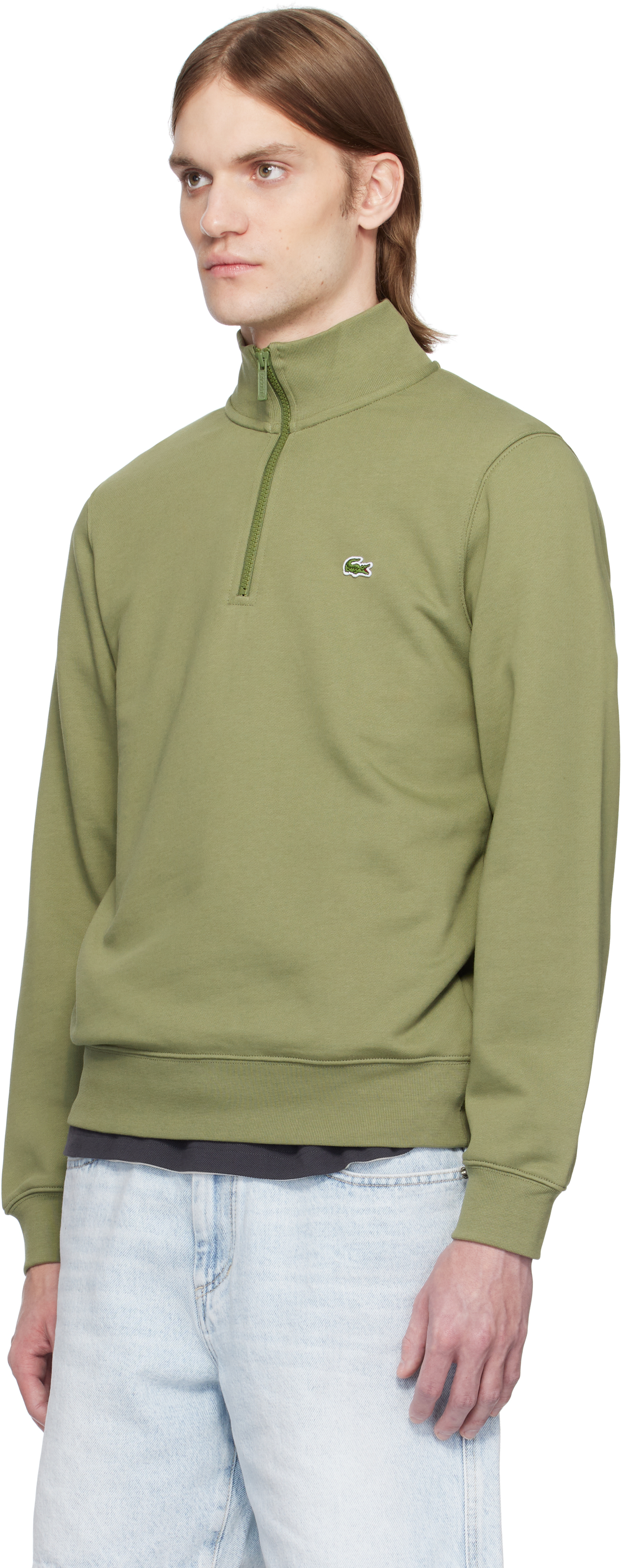 Lacoste Khaki High-Neck Zip-Up Fleece Sweatshirt