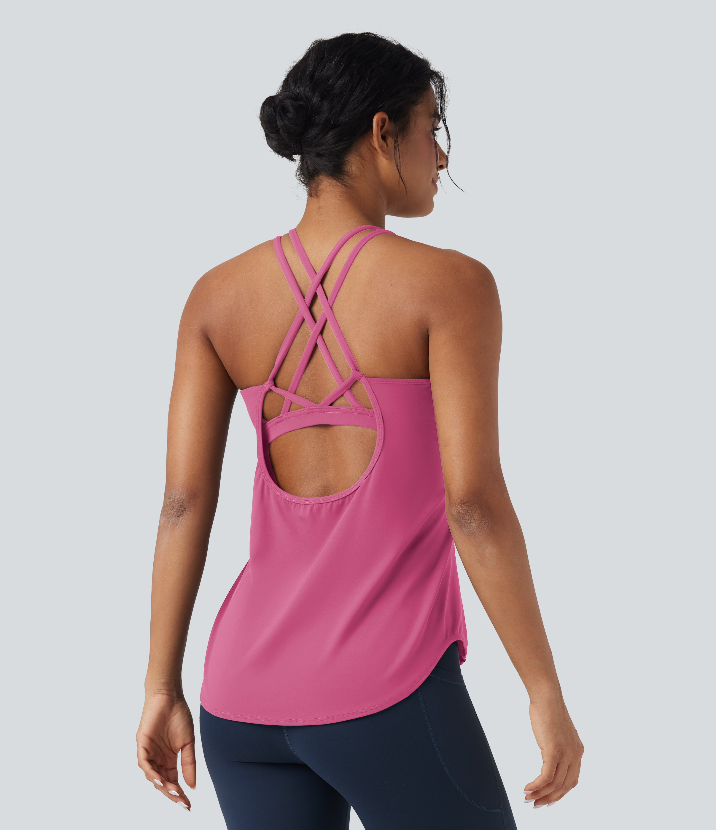 UltraSculpt™ Round Neck Crisscross Back Running Tank Tops DD-F Cups Tank Top - Pink Power