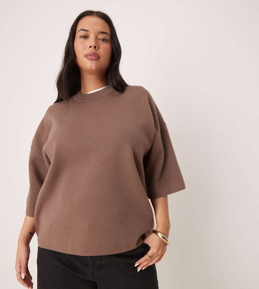 ASOS DESIGN Curve knit structured oversized t-shirt in mocha-Brown