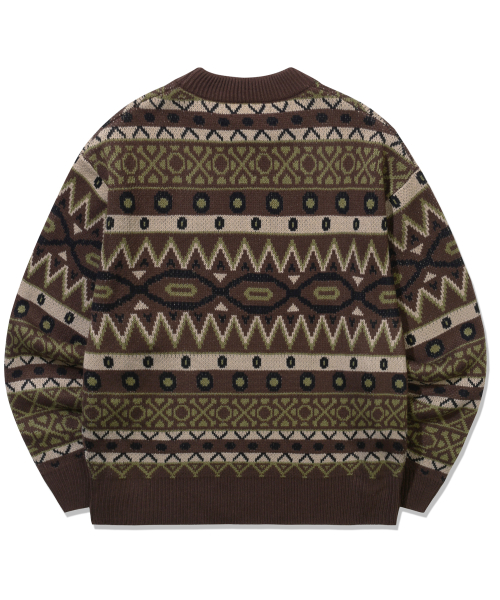 Vintage Fair Isle Jacquard Crewneck Knit_Brown