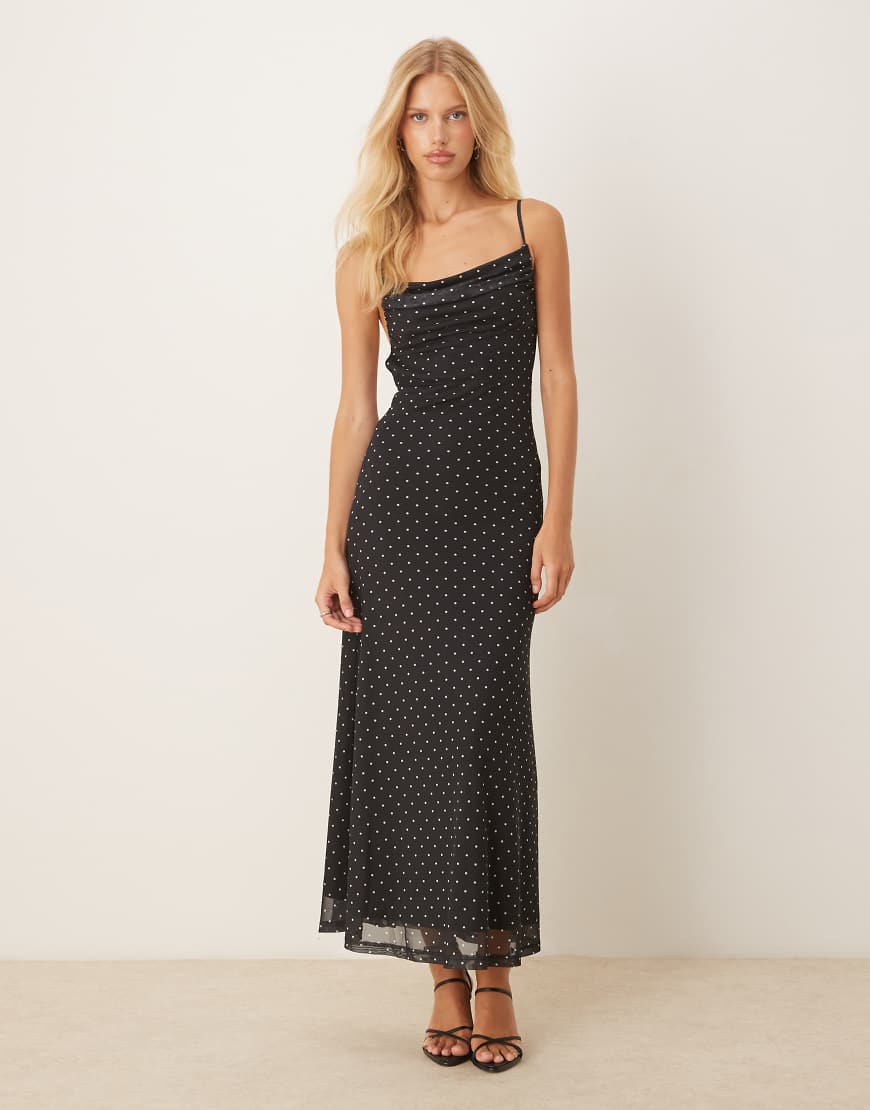 Mesh midi dress in black and white polka dot-Multi
