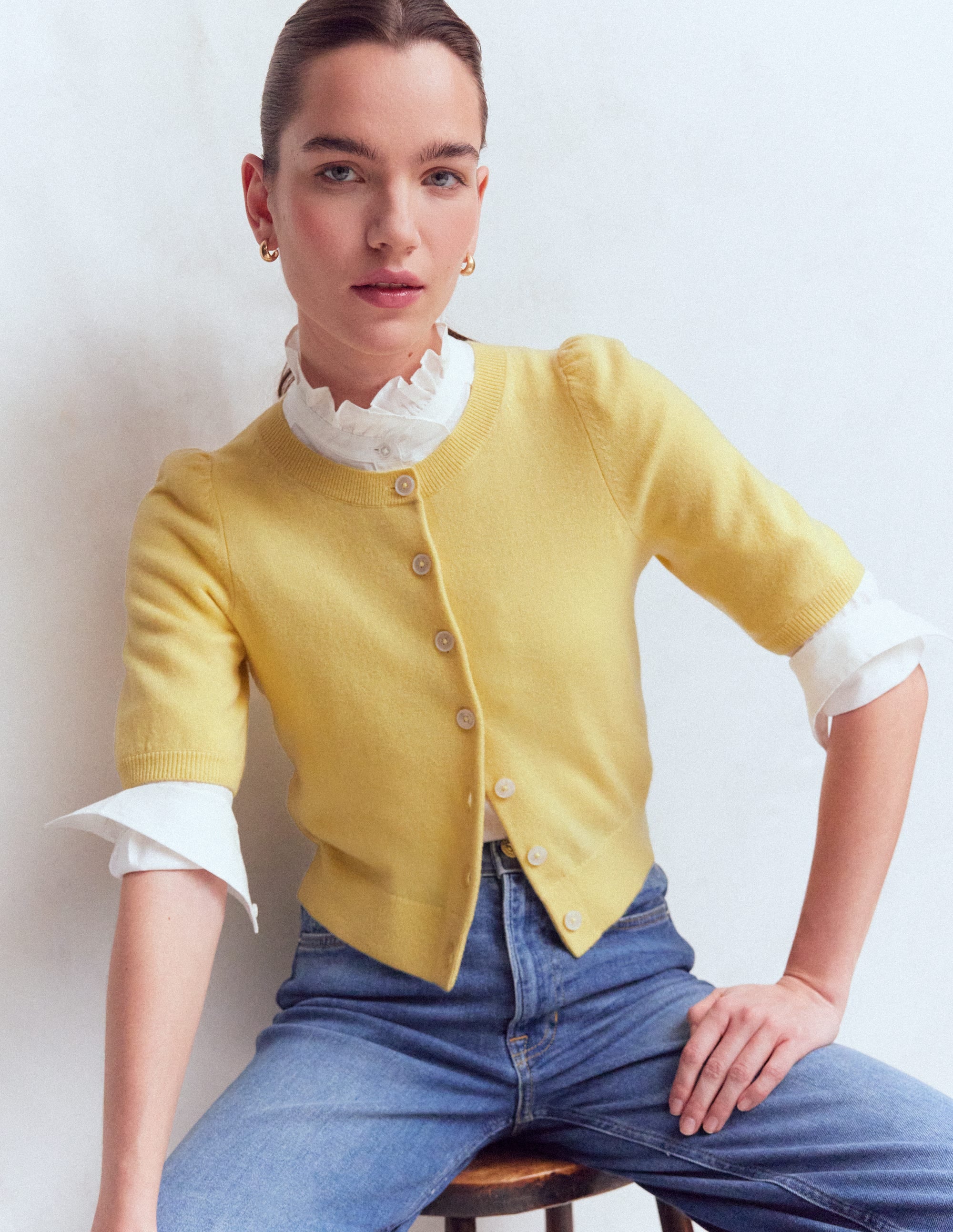 Women's Cropped Cashmere Cardigan in Yellow | Size XS