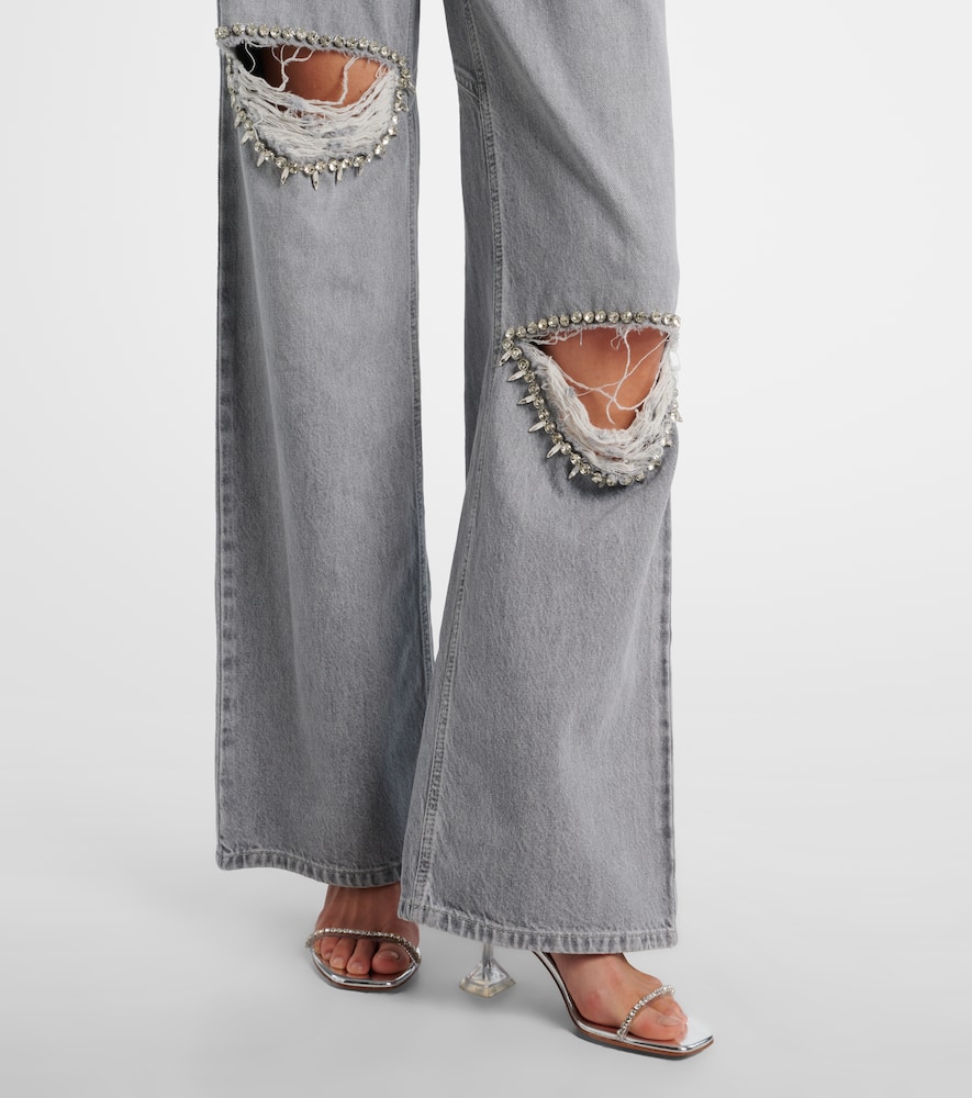 Distressed embellished wide-leg jeans