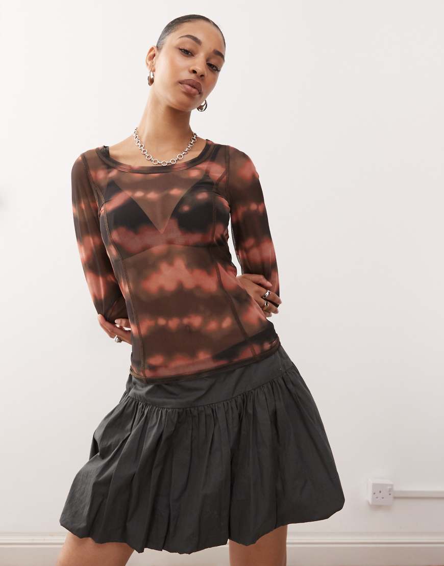Mesh semi sheer long sleeve top in chocolate blurred print-Multi