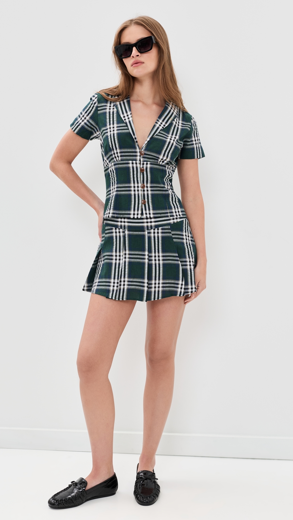 Plaid Cotton Pleated Mini Skirt Green