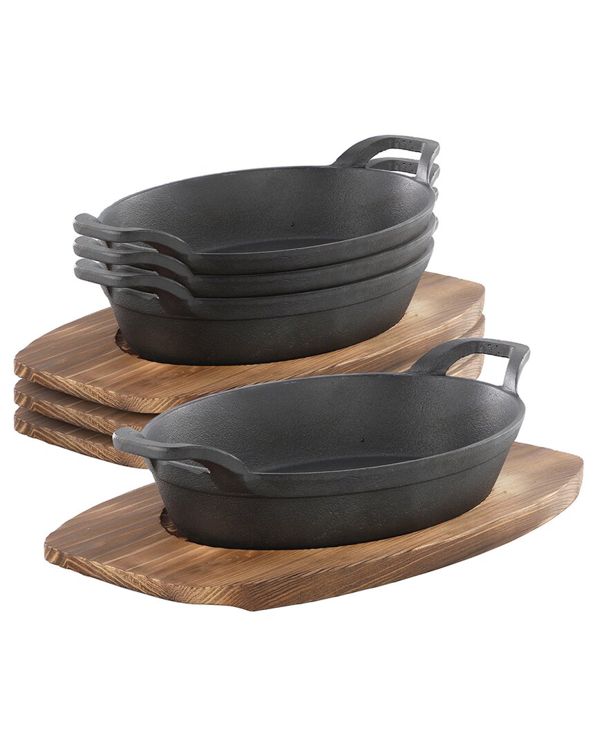 4pc Mini Cast Iron Oval Pan with Wood Trivet Set