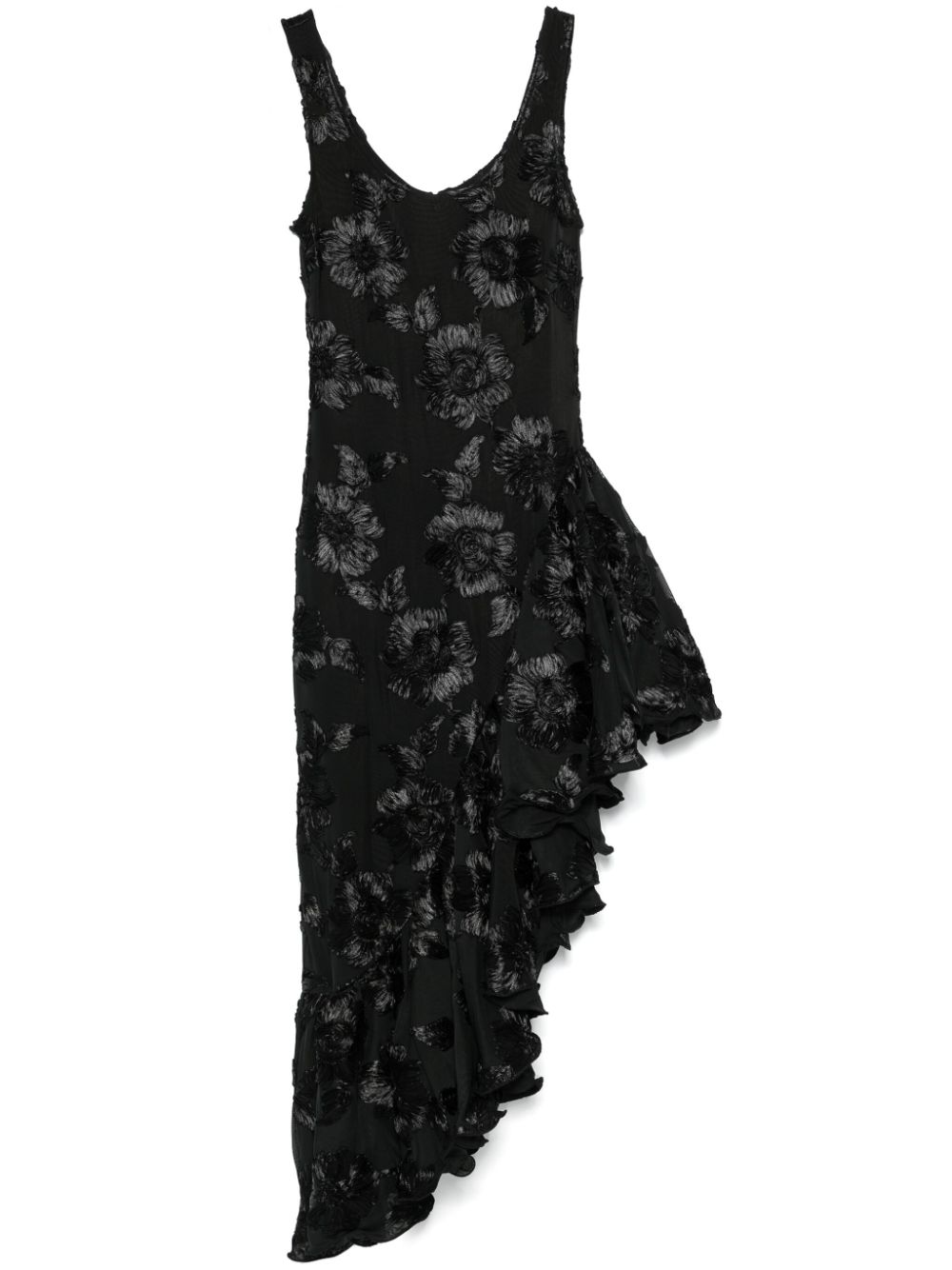Floral-embroidered ruffle-detail midi dress - Black