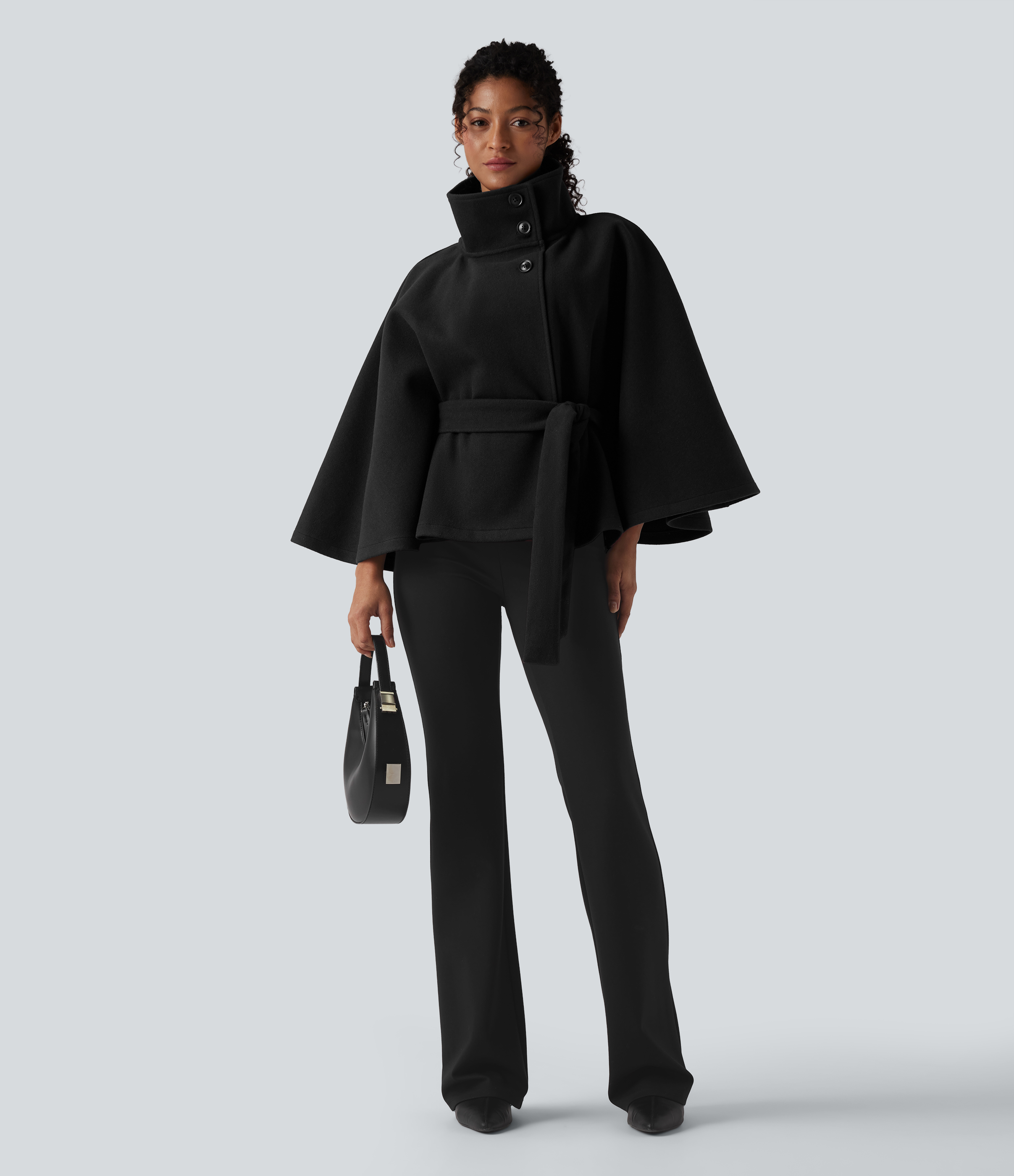 High-neck Long Sleeve Belted Work Cape Coat  - Black