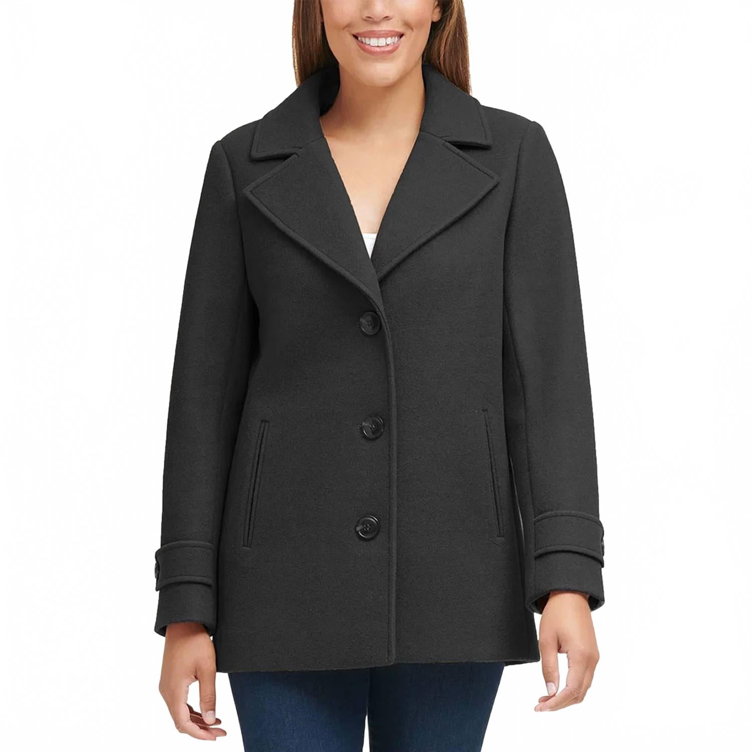 Women's 3 Button Closure Peacoat In Black