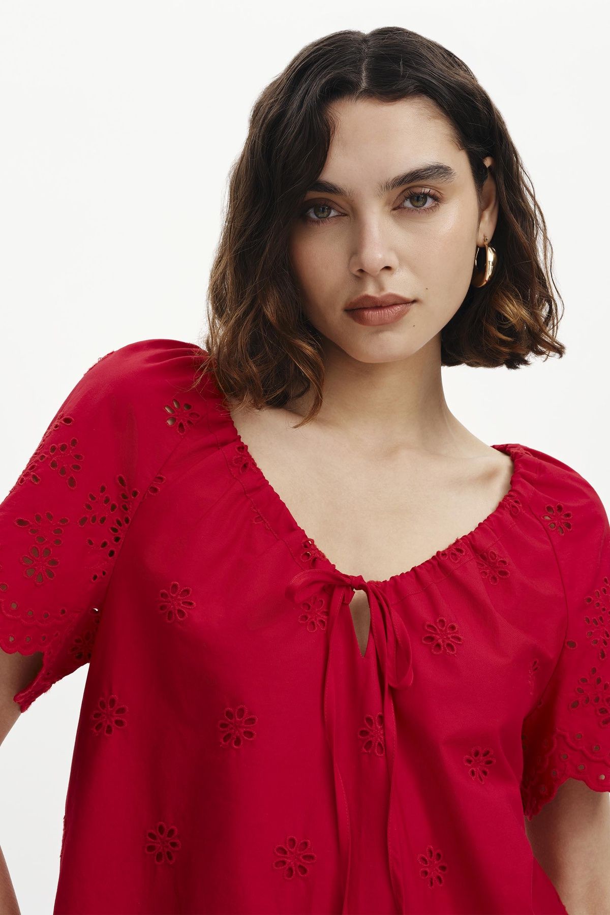 Finery London Women's Ruthie Embroidered Cotton Drawstring Top in Red