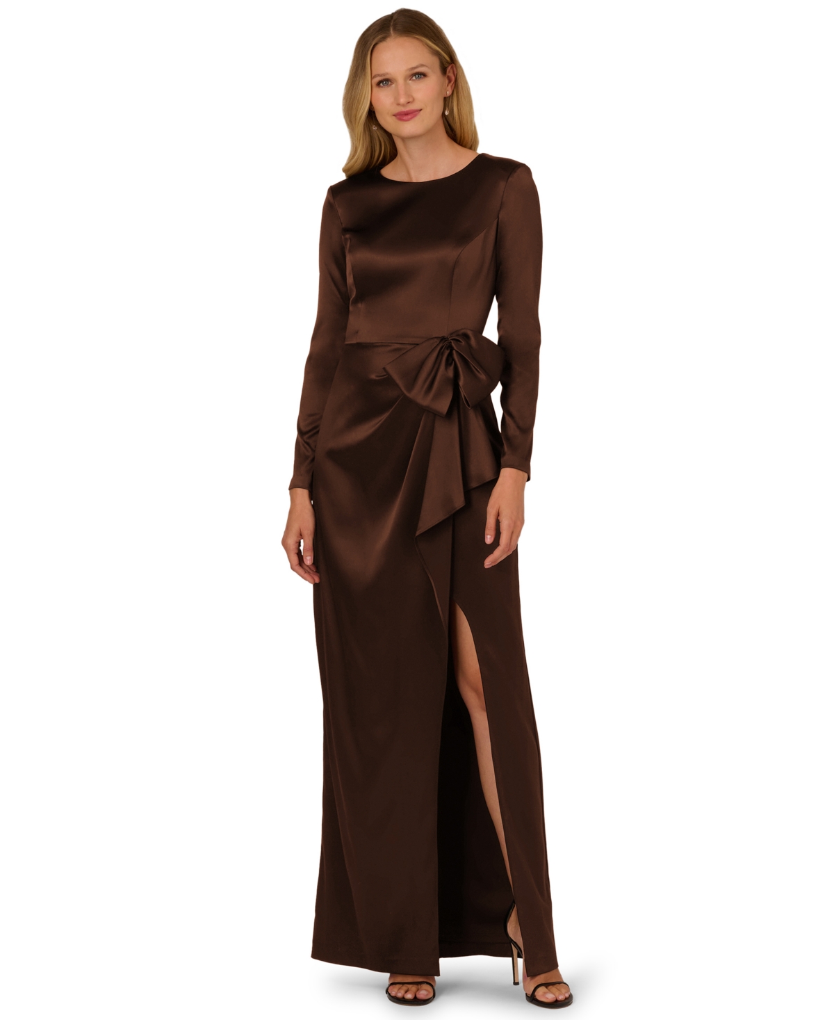 Women's Long-Sleeve Ruffle Bow Boat Neck Dress - Chocolate