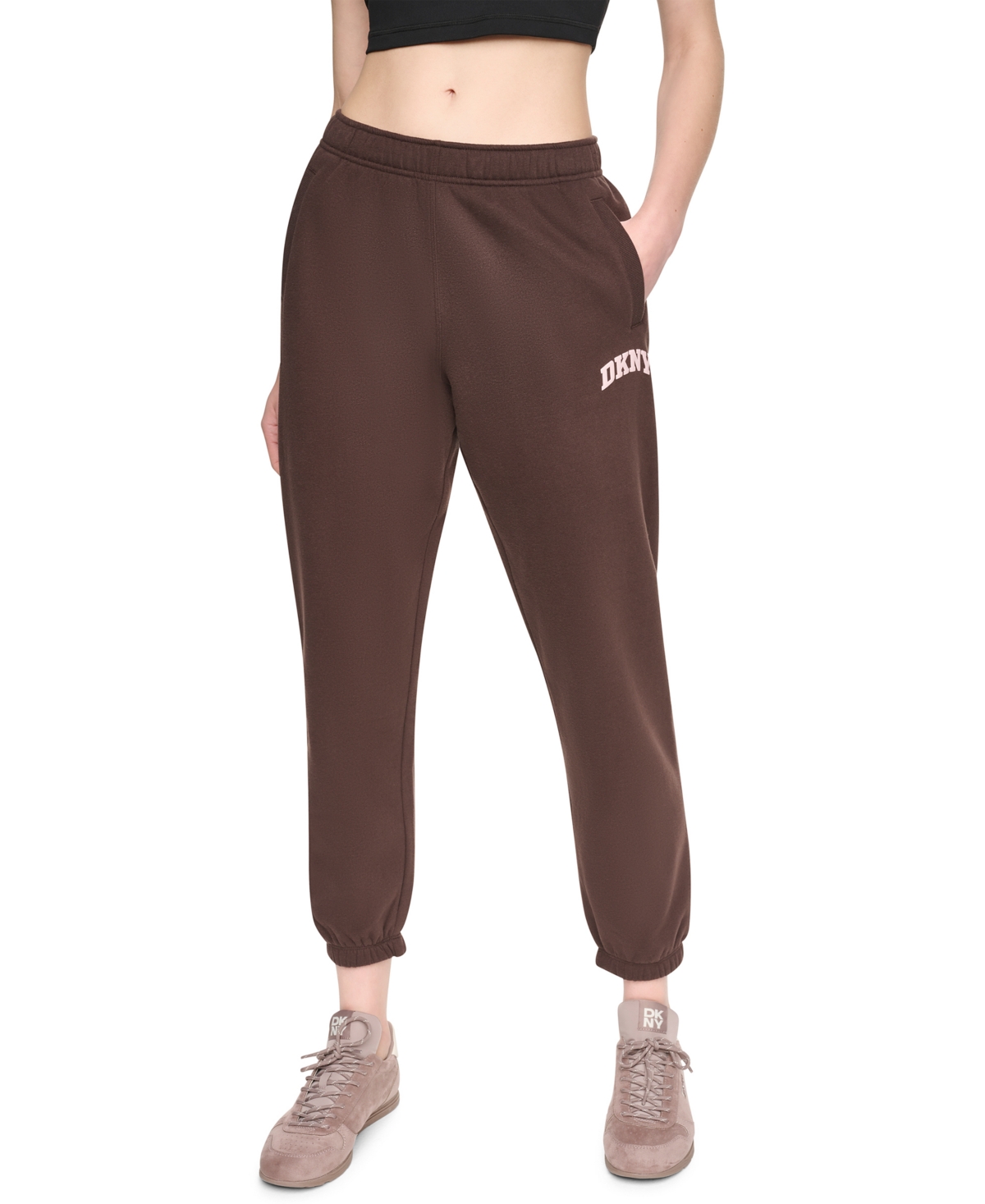 Women's Mini Puff Varsity Logo Mid-Rise Waistband Joggers - Espresso/blush Pink