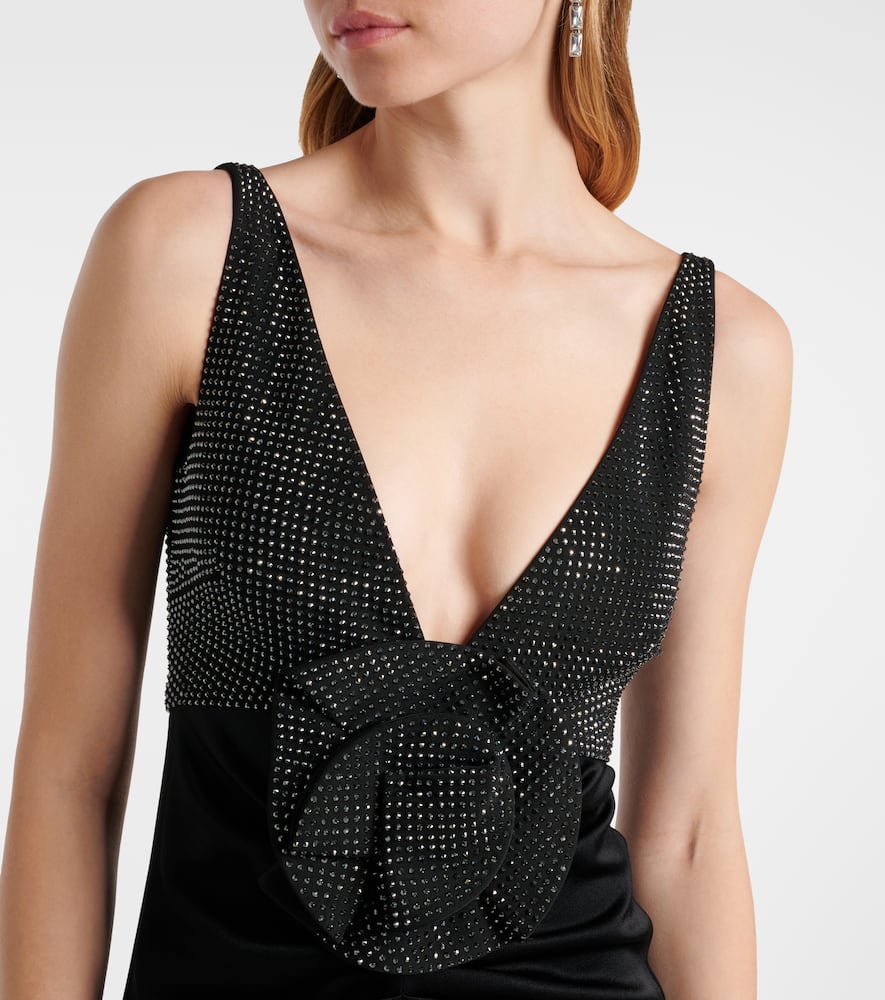 Floral-appliqué embellished satin crêpe gown