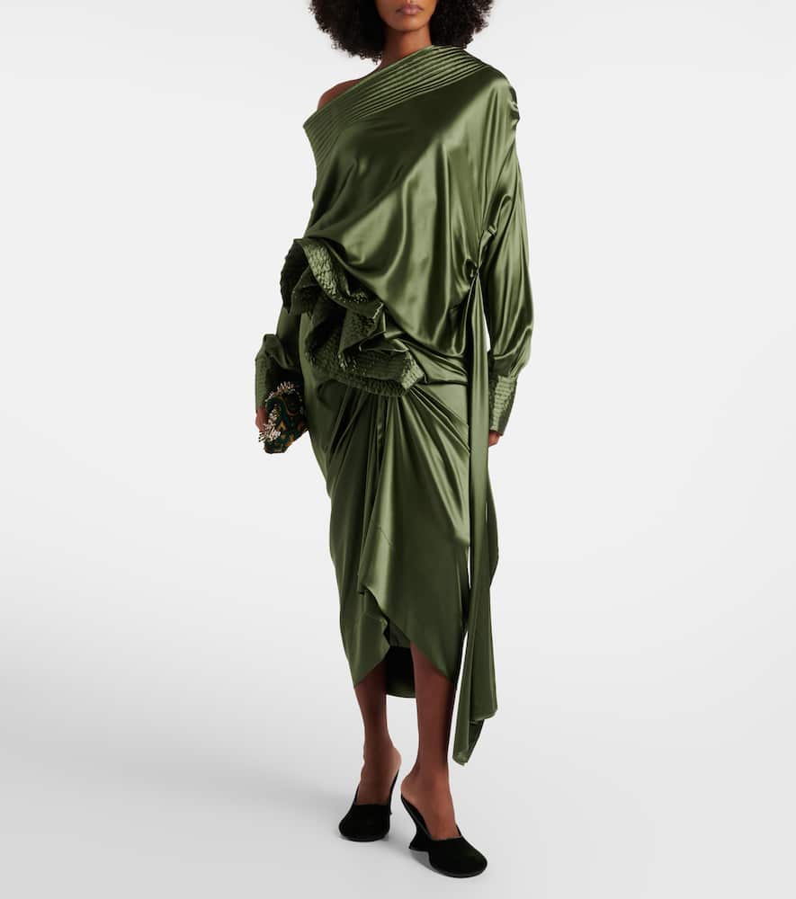 Gathered silk-blend satin midi skirt