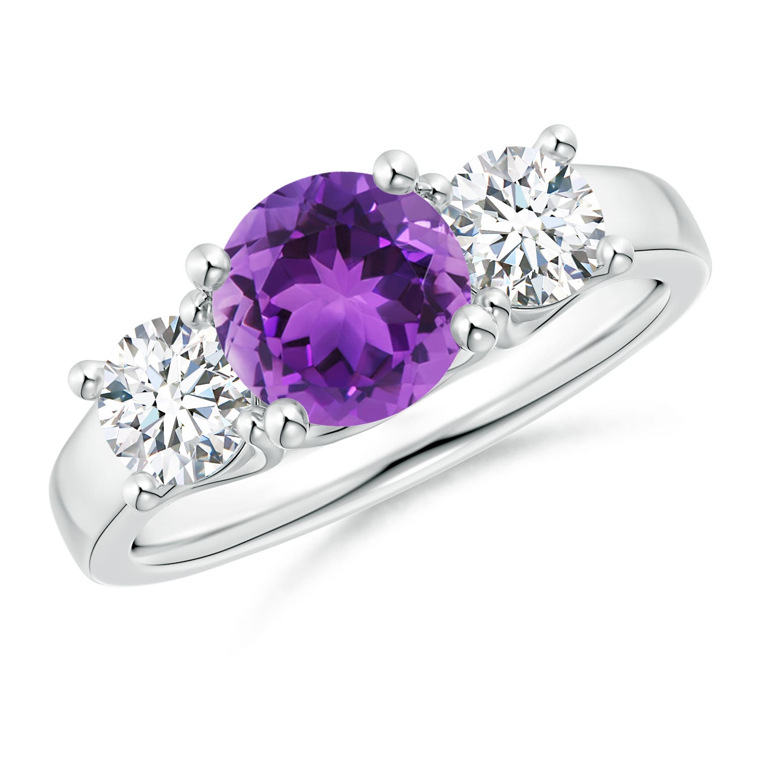 Angara 1.15 Carats Classic Round Amethyst and Diamond Three Stone Ring in 18K White Gold