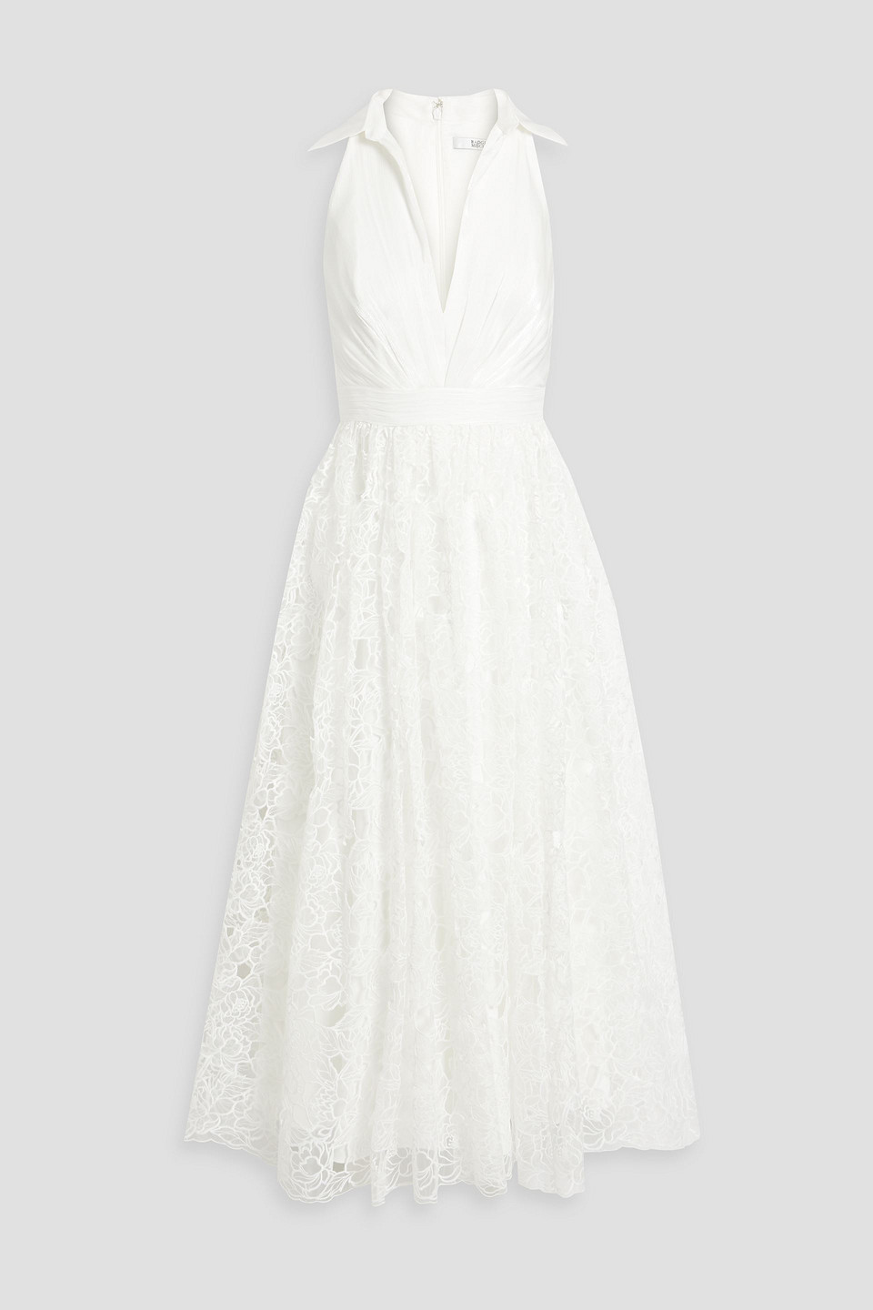 Crepon-paneled guipure lace midi dress