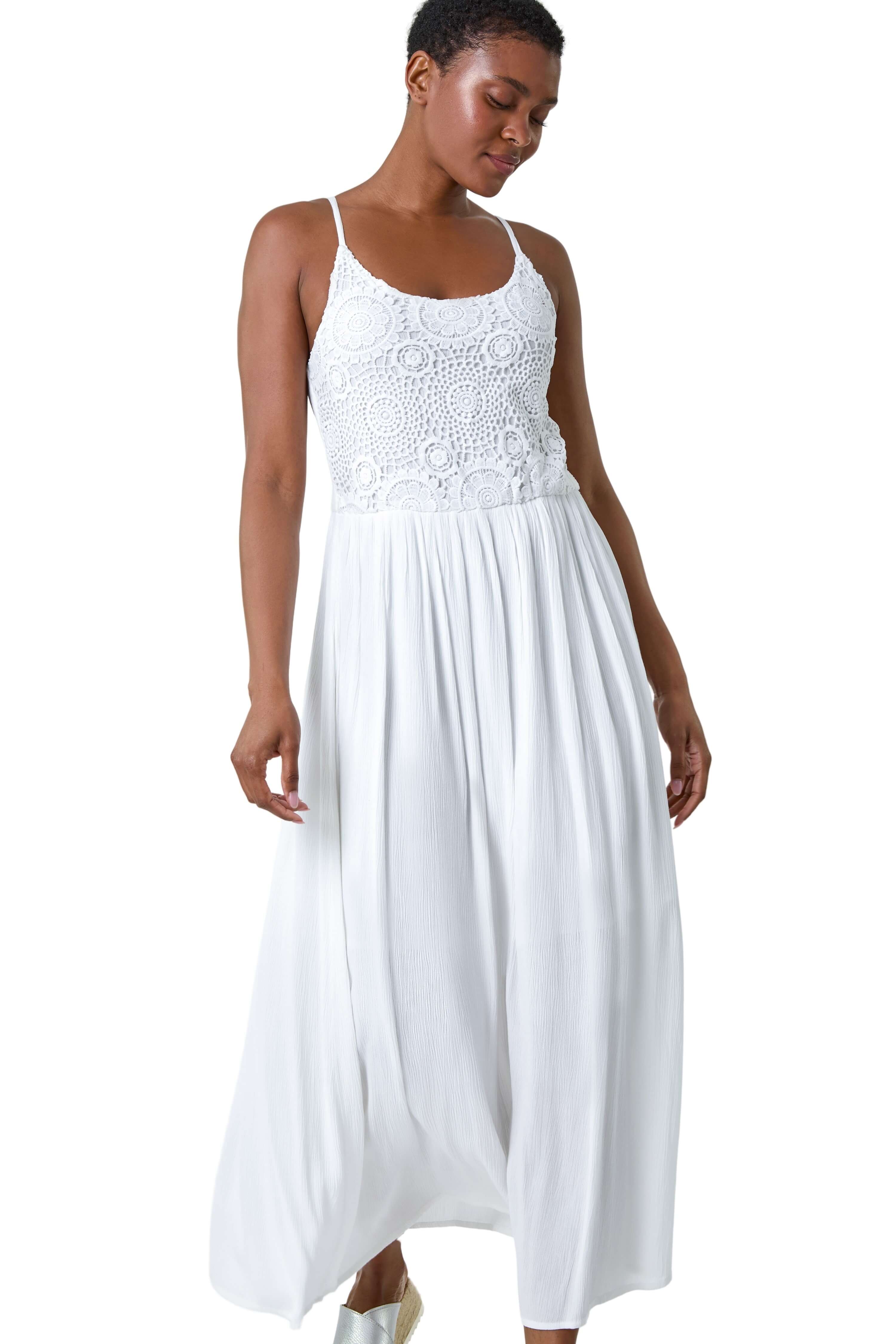 Roman Womens Lace Bodice Shirred Midi Dress - White