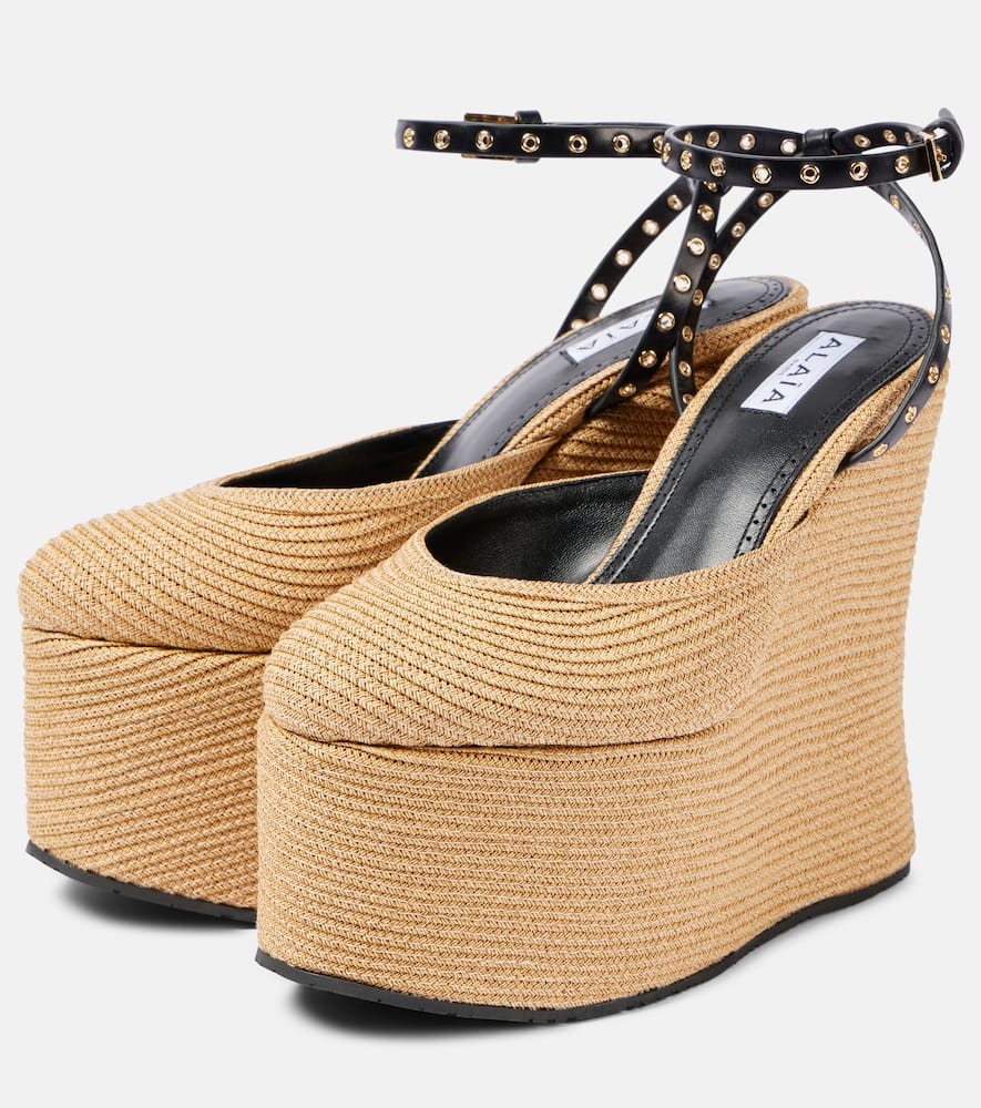 Alaïa LA leather-trimmed paper straw wedges