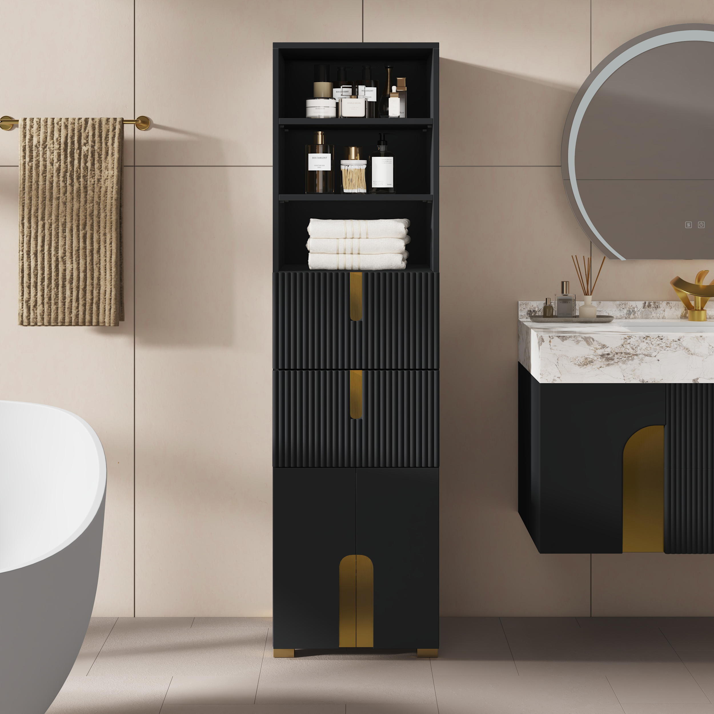Artis 59" Bathroom Storage Cabinet â Freestanding Linen Tower with 2 Drawers & 2 Door