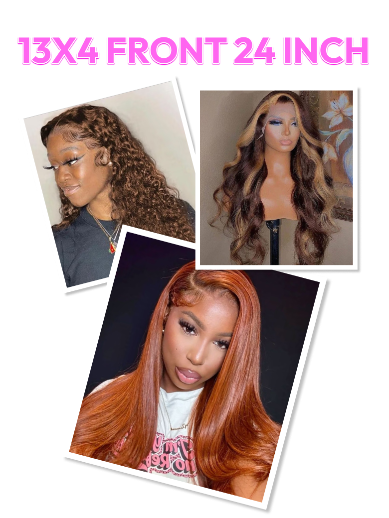 [All 24"=$149] 200%/ 180% Density 13x4 Front Lace Chocolate Brown/ Honey Highlights/ Burnt Orange Wig