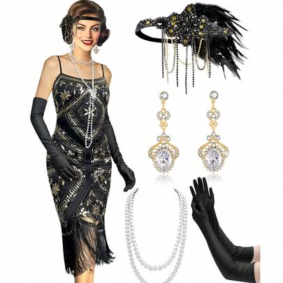 Women's Flapper Dress 1920s Vintage Fringed Sequin Dress Great Gatsby 1920s Dresses Set For Women Christmas Party