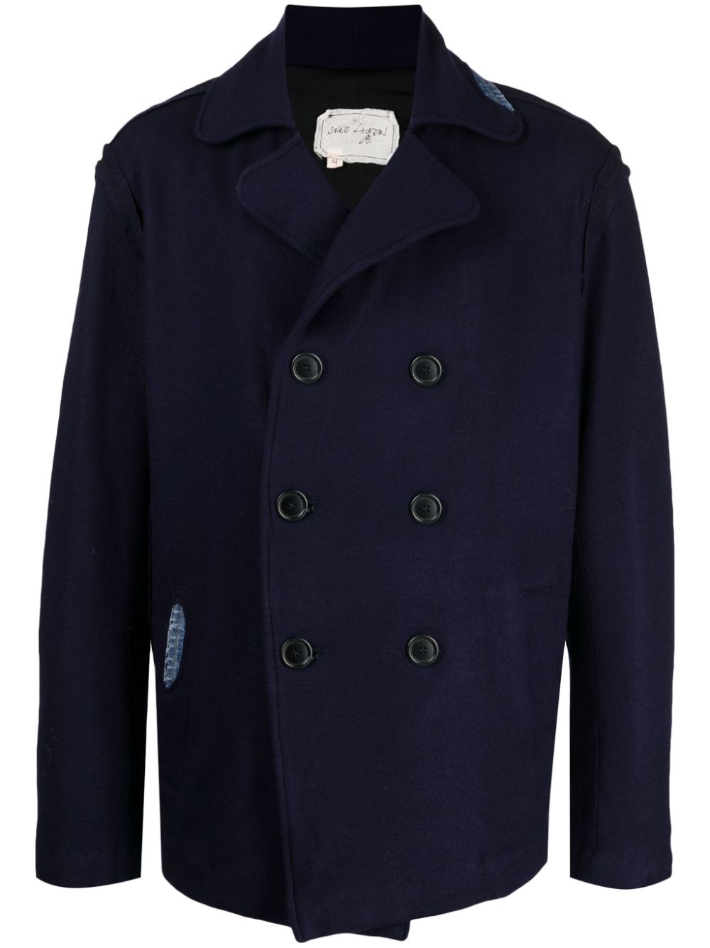 Denim-patch double-breasted jacket - Blue
