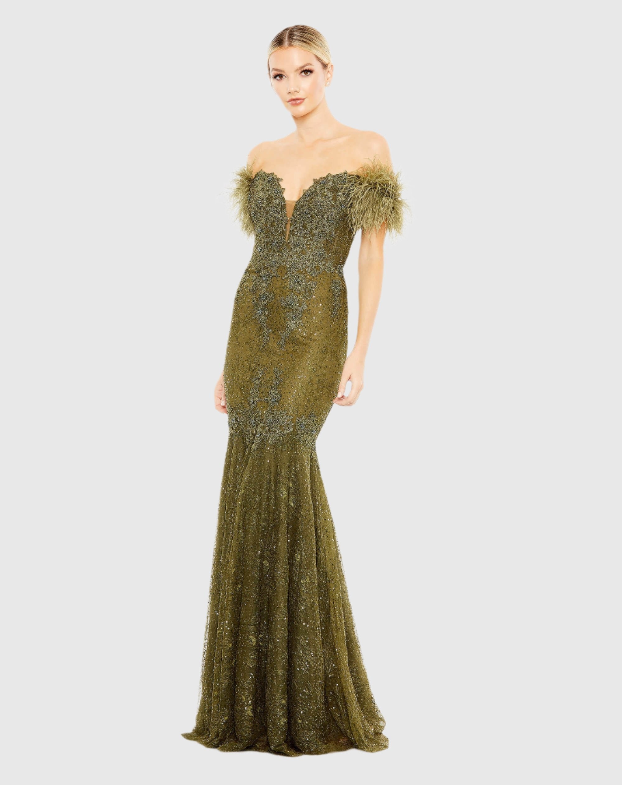 Green Feathered Crystal Embellished Sleeveless Wedding Guest Maxi Gown In