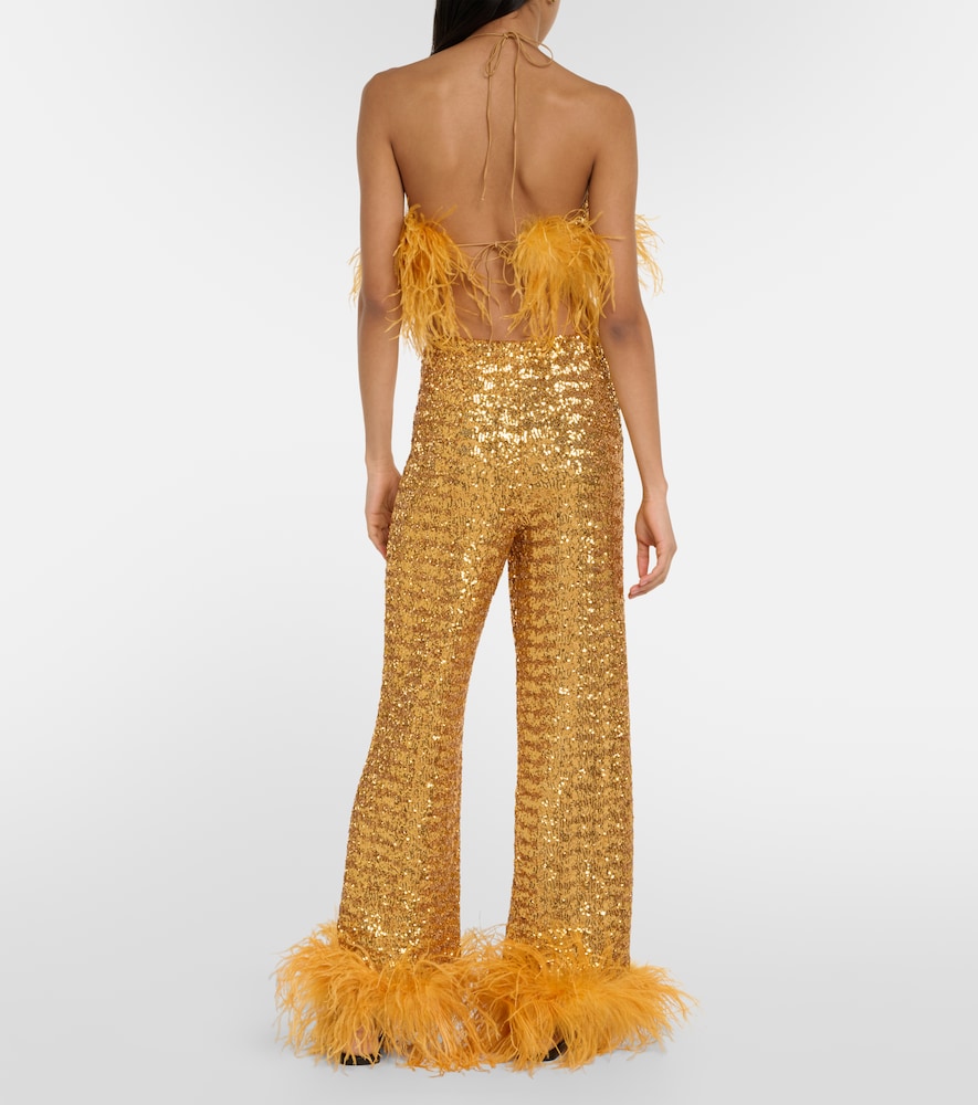 Oséree Paillettes Plumage embellished wide-leg pants