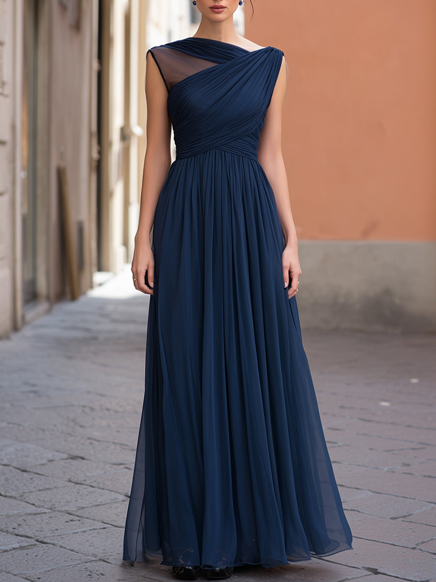 Asymmetric Pleated Overlay Maxi Dress - Navy Blue
