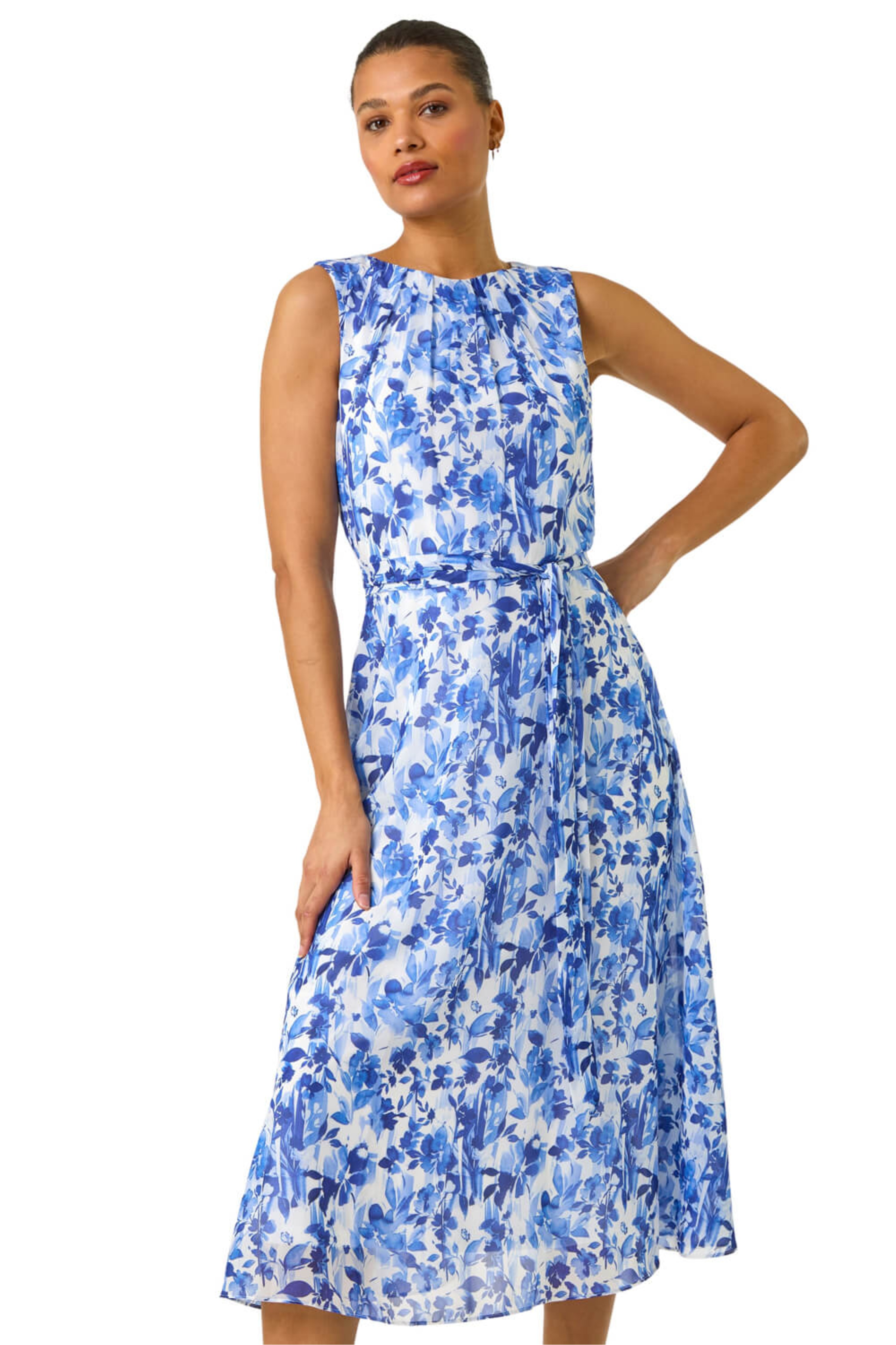 Roman Womens Floral Print Pleat Neck Midi Dress - Blue