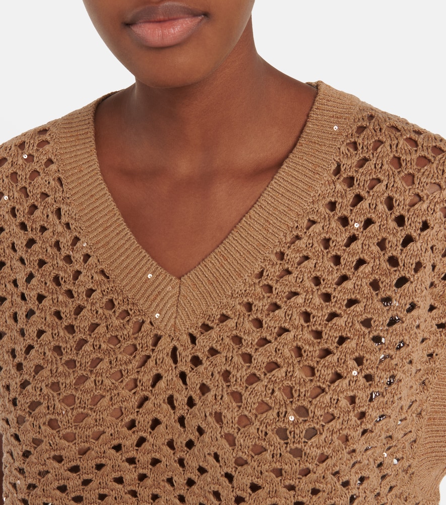 Open-knit cotton, linen and silk top
