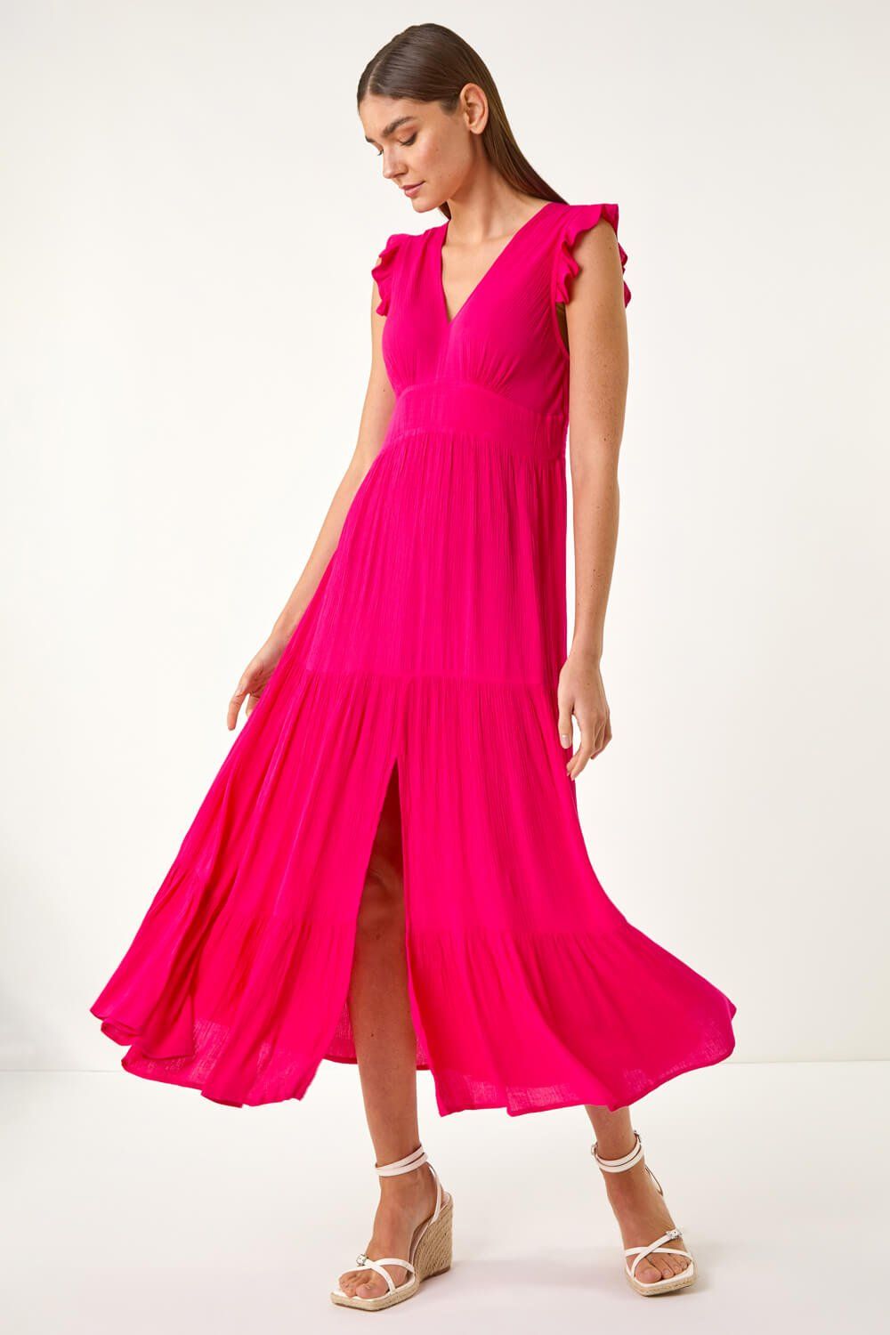 Roman Women's Crinkle Tiered Frill Maxi Dress in Fuchsia
