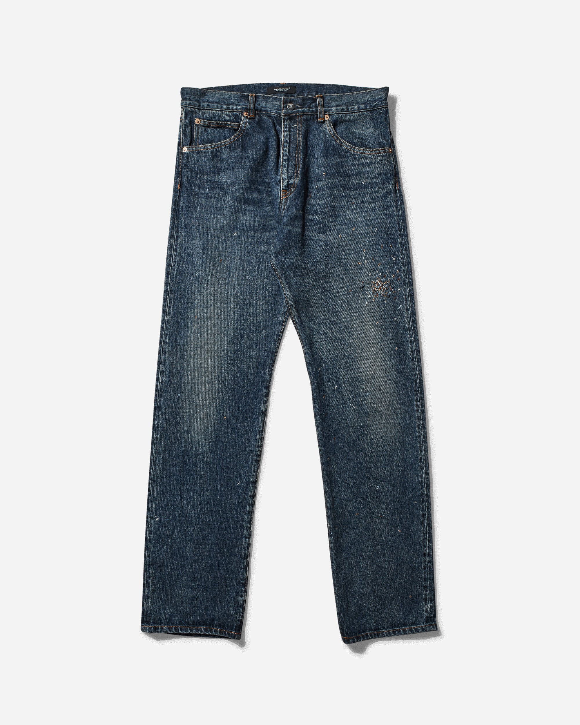Men s Cross Embroidery Distressed Denim Pants Light Blue Indigo