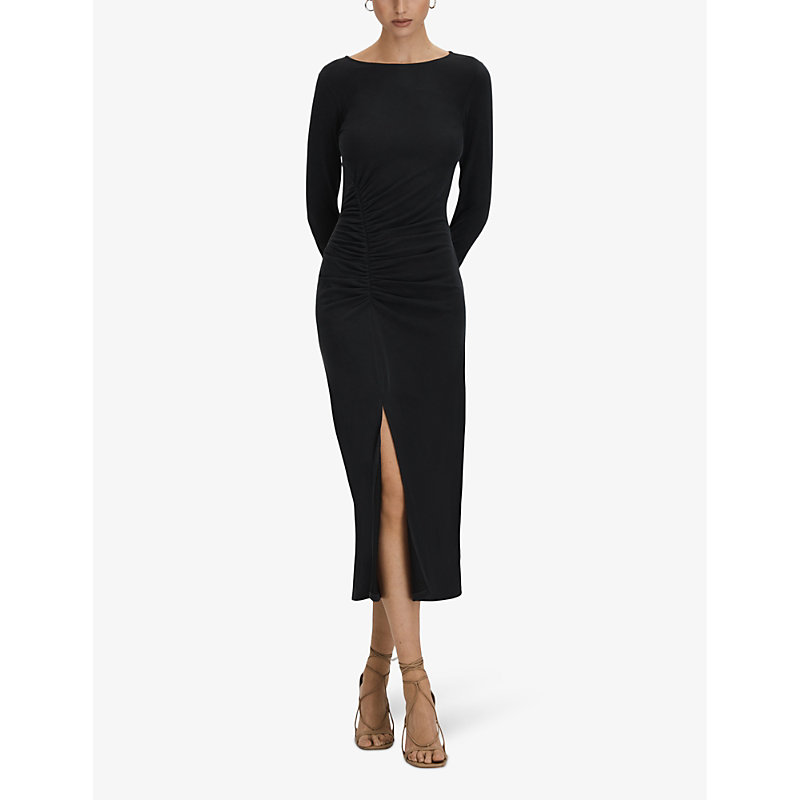 Womens Charcoal Lana Ruched-detail Long-sleeve Jersey Midi Dress