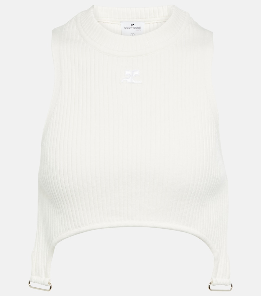 Courrèges Ribbed-knit cropped top with suspenders
