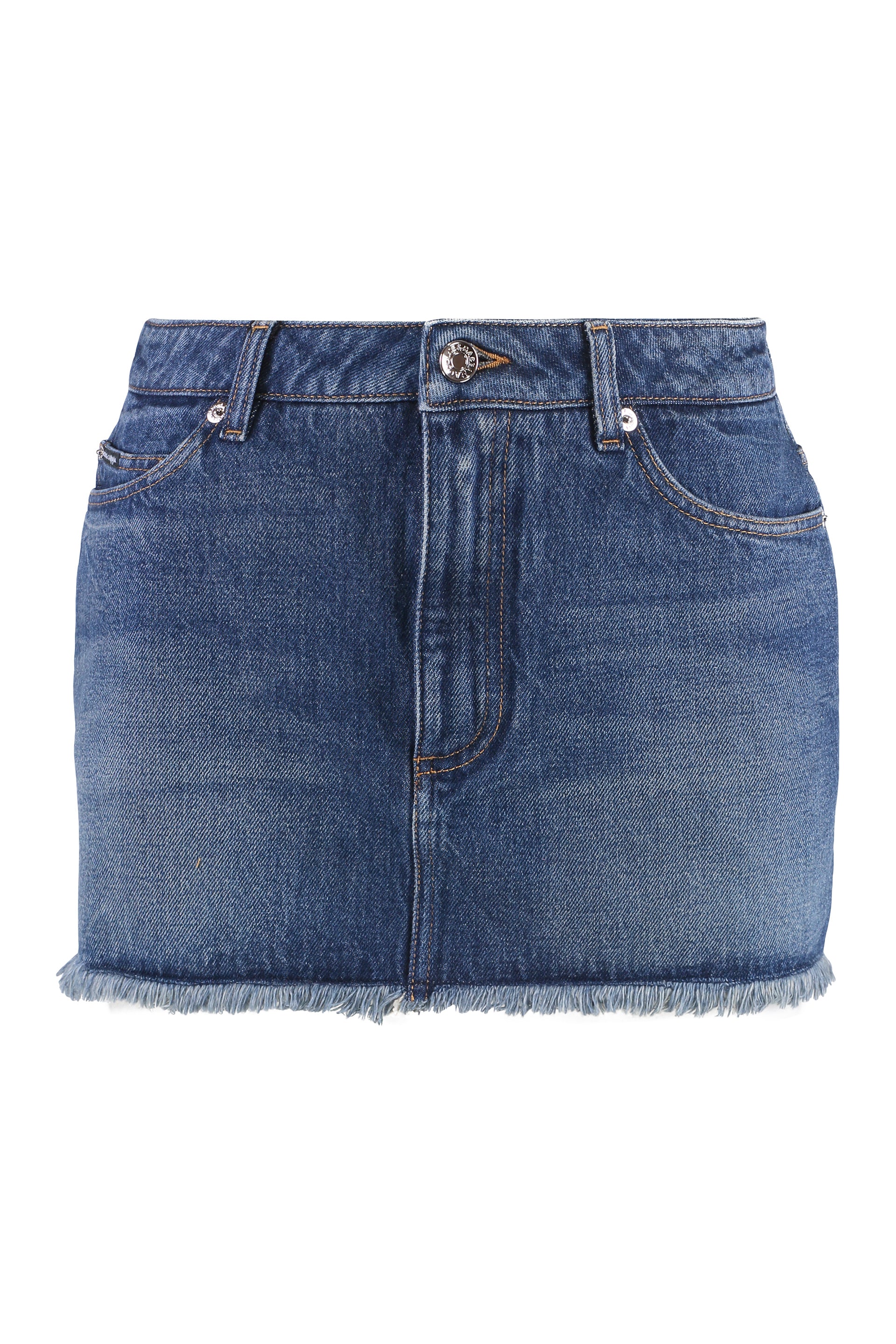 -Inspired Denim Mini Skirt with Rivets & Frayed Hem