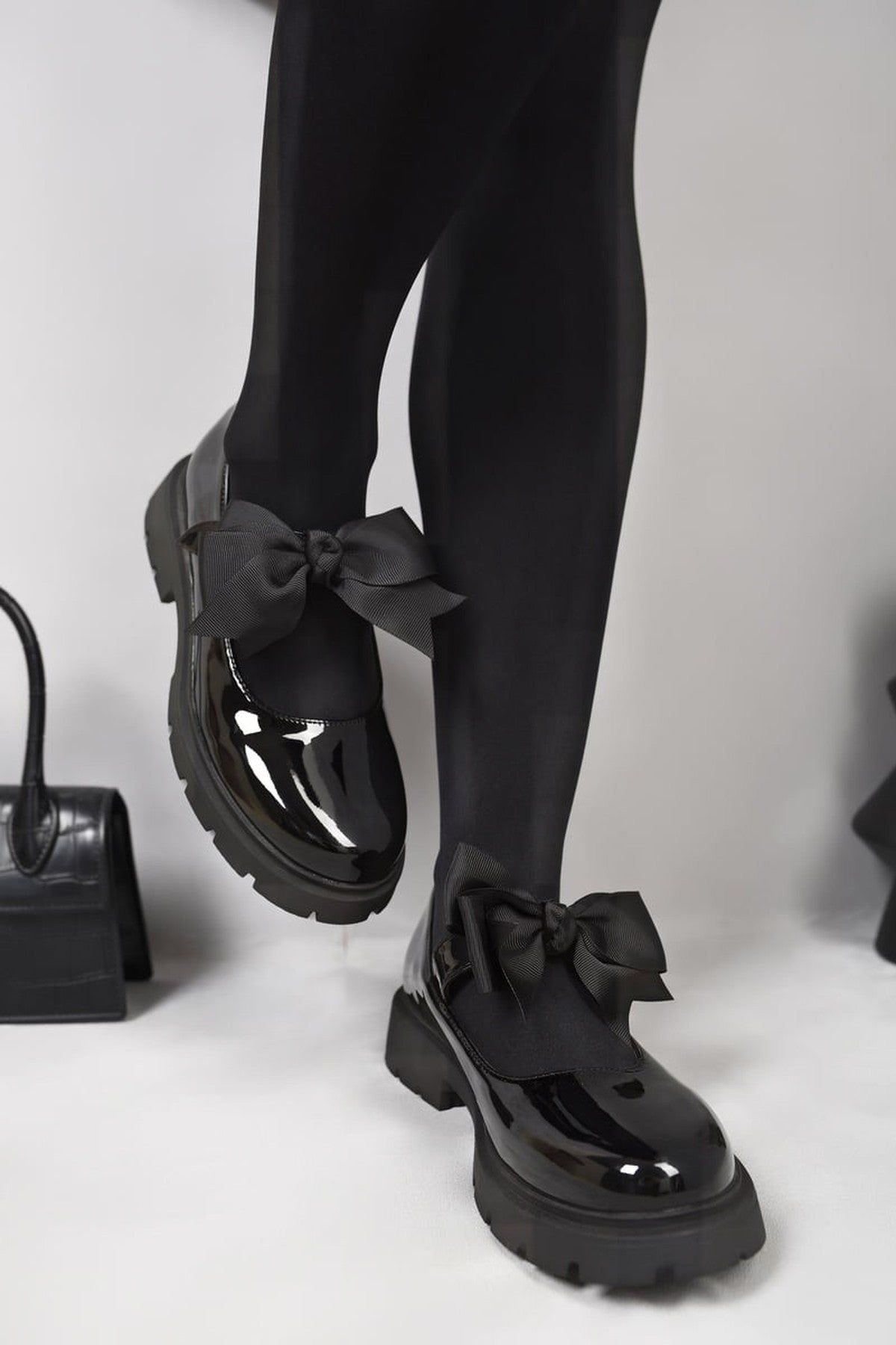 Ikrush Taylee Chunky Sole Patent Ballet Flats With Bow Detail In Black