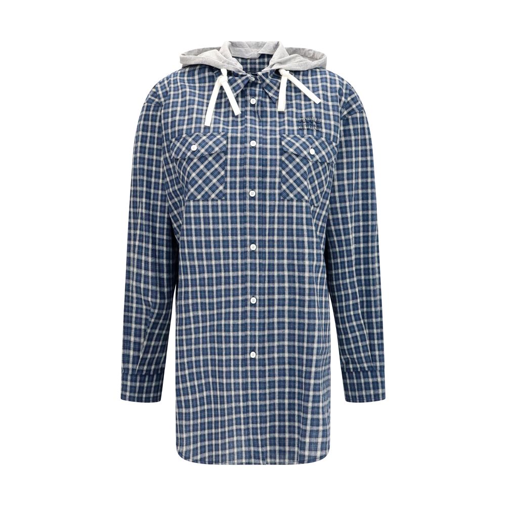 Checked Cotton Hooded Shirt — Blue