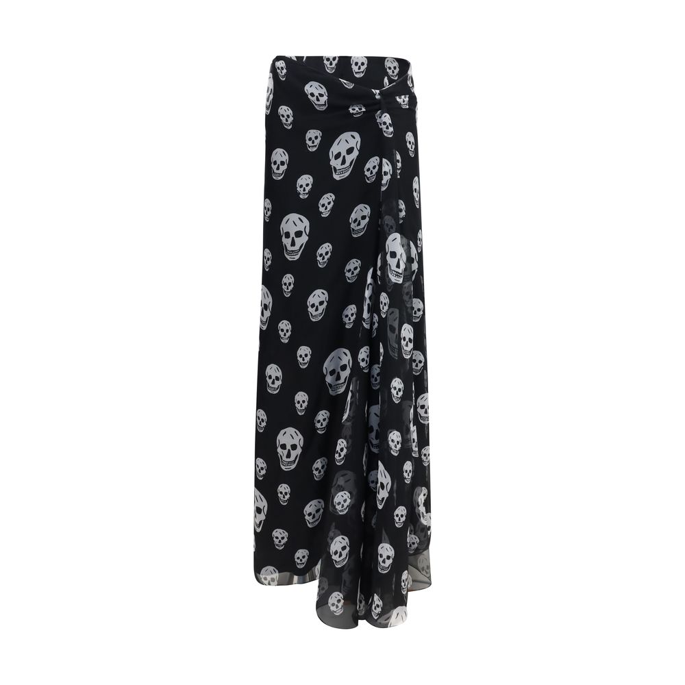 Skull-Print Silk Skirt — Black