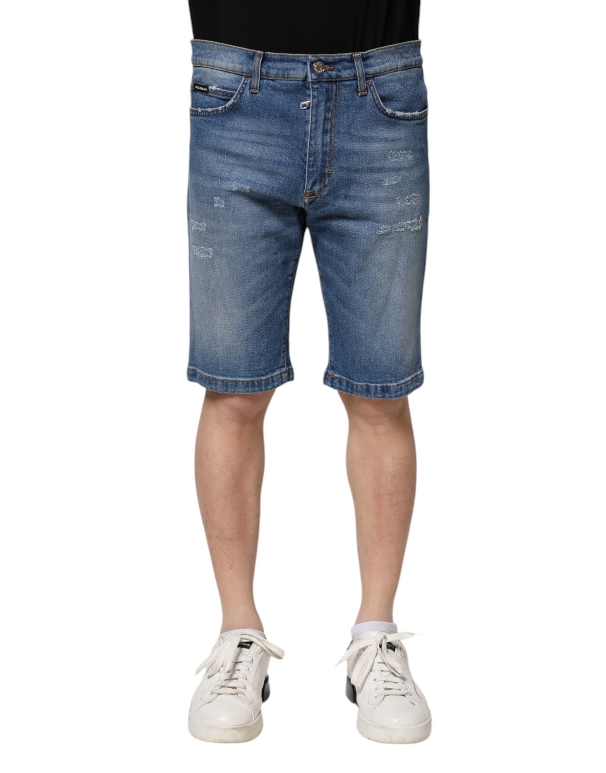 Cotton-Stretch Denim Bermuda Shorts — Blue