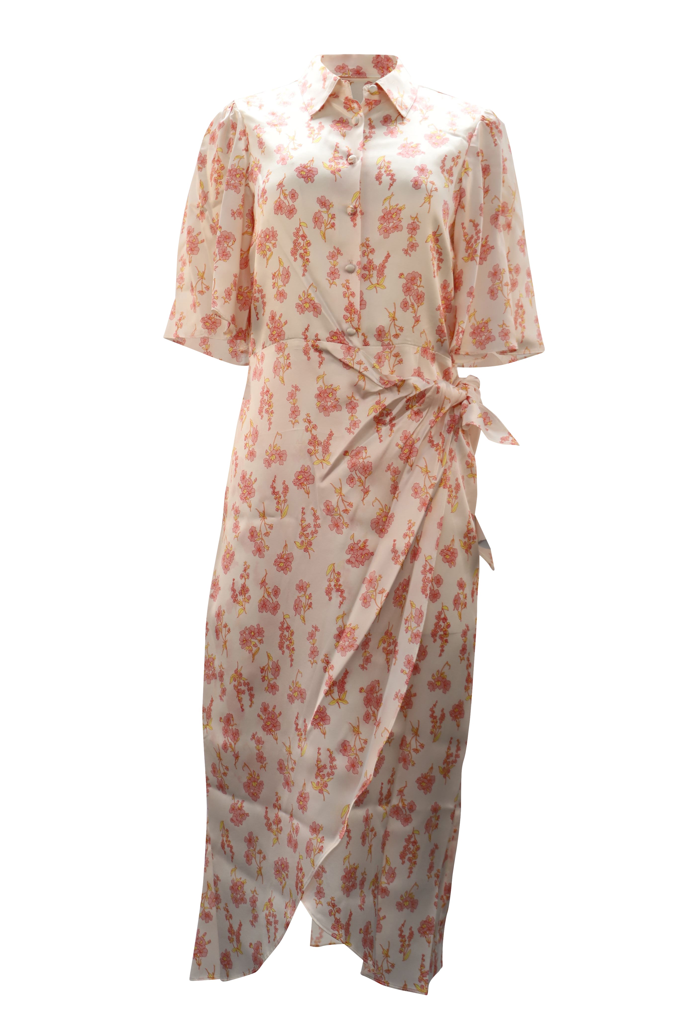 Floral Print Wrap Midi Dress in White Silk